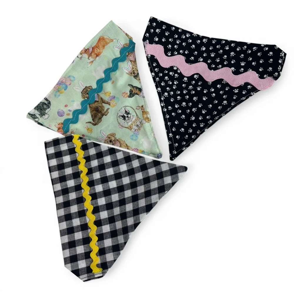 Handmade Dog Bandana Set of 3 Easter Dogs Buffalo Plaid Bone Print Rickrack Trim